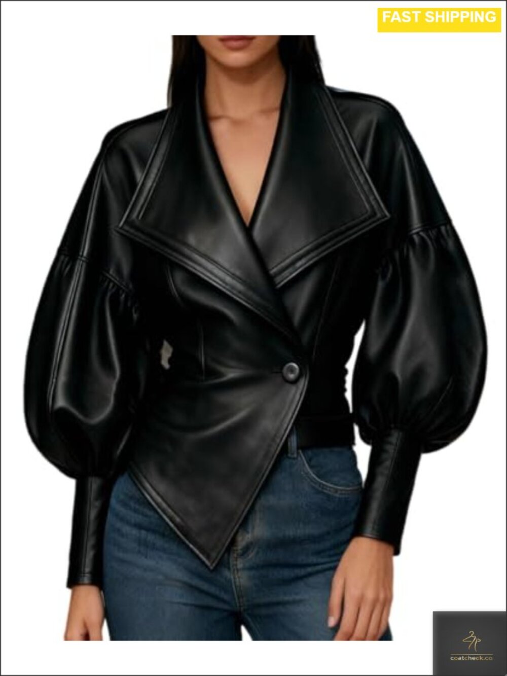 Faux Leather Cropped Jacket Women Puff Sleeve Single Button Bomber